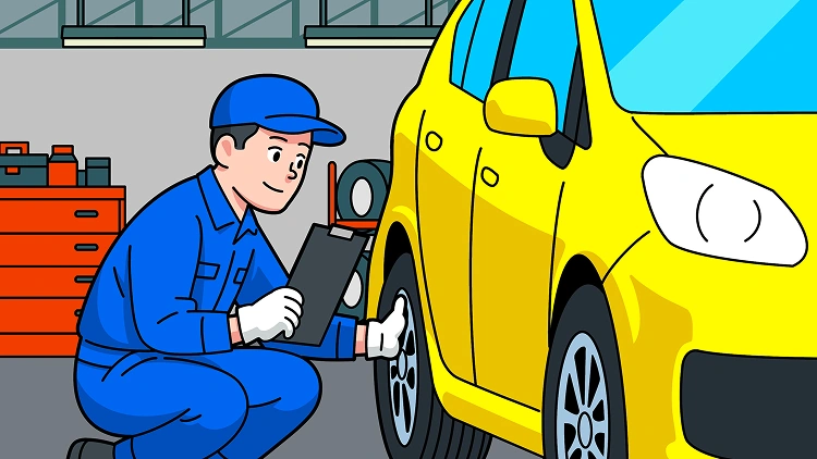 整備工場で、バインダーを持った整備士が車のタイヤを入念に点検しているイラスト