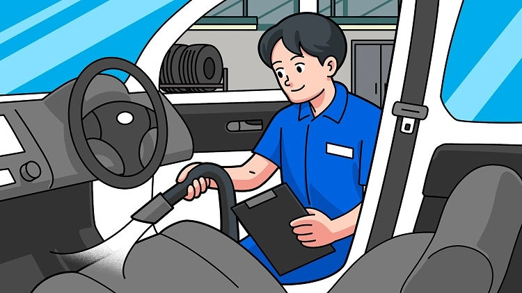 男性スタッフが車のシートに掃除機をかけ、丁寧な車内清掃を行っているイラスト