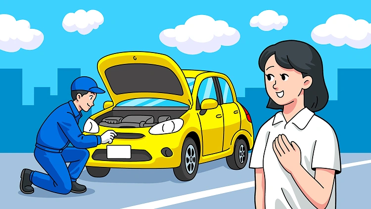 整備士が黄色い車のエンジンルームを点検し、女性客が安心しているイラスト