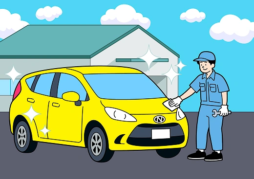 整備工場で黄色い車が点検・清掃を受けているイラスト