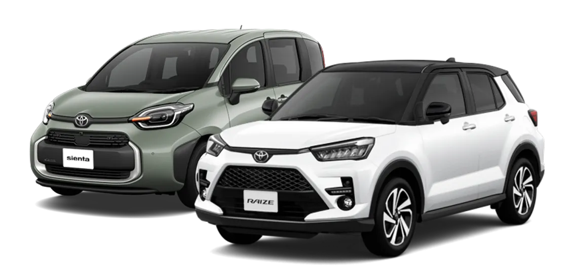 トヨタ シエンタ（カーキ色）とトヨタ ライズ（白×黒）のプラチナレーベル対応車