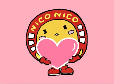 ニコニコレンタカー公式キャラクターのニコちゃんが大きなピンクのハートを抱えているイラスト