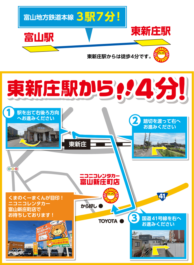 富山地方鉄道本線3駅7分。東新庄駅から富⼭新庄町店までは徒歩4分です